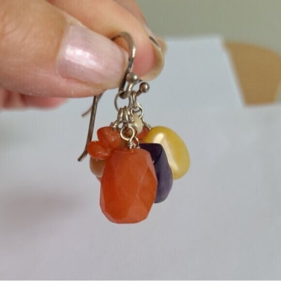 Vintage 80s Boho Barse Sterling Silver Amethyst Gemstone Beaded Dangle Earrings - Picture 7 of 10